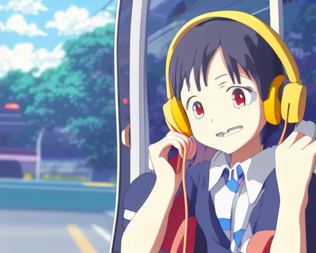 Image similar to anime fine details portrait of joyful girl in headphones in school bus, bokeh. anime masterpiece by Studio Ghibli. 8k render, sharp high quality anime illustration in style of Ghibli, artstation