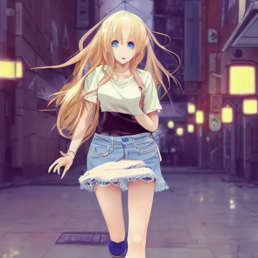 Image similar to a very beautiful anime girl, full body, long golden hair, sky blue eyes, full round face, short smile, mini jeans skirt, cute top, urban setting, cinematic lighting, medium shot, mid-shot, highly detailed, trending on Artstation, Unreal Engine 4k, cinematic wallpaper by Stanley Artgerm Lau, WLOP, Rossdraws, James Jean, Andrei Riabovitchev, Marc Simonetti, and Sakimichan