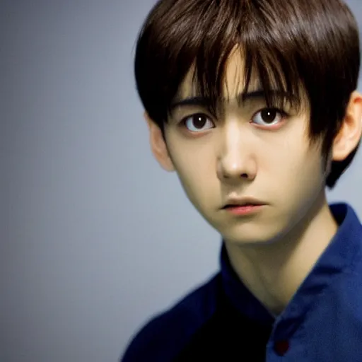 Image similar to Shinji Ikari from Neon Genesis Evangelion, live action, portrait shot,