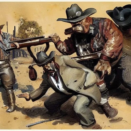 Image similar to cowboys shoot it out with a fat monster in a western town, 1890s, dynamic, by tom lovell and frank schoonover and dean cornwell and james gurney, arstation creature concept art