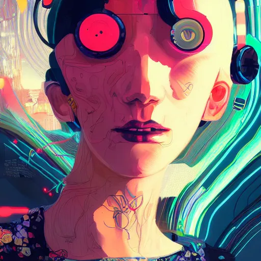 Image similar to a digital painting of a woman with her eyes closed, cyberpunk art by james jean, cgsociety, retrofuturism, anime aesthetic, chromatic, iridescent