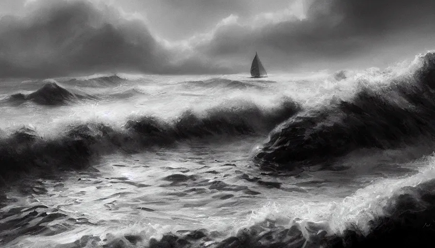 Image similar to sea, enviroment thumbnail black and white, cgsociety, oil painting by jama jurabaev, extremely detailed, brush hard, artstation, high quality, brush stroke