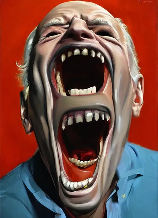 Image similar to joe biden mouth open, teeth and uvula!!!!!!!!! showing, drool, laugh fear!!!!!! scary, painting by phil hale, fransico goya,'action lines '!!!, graphic style, visible brushstrokes, motion blur, blurry, visible paint texture, crisp hd image