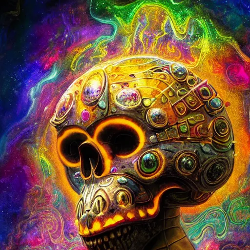 Image similar to portrait of a fantasycore glitchcore deformed animal skull in a helmet. intricate abstract. intricate artwork. celestial. prismatic, by josephine wall, pixar, ghibli. octane render, CGSociety very coherent symmetrical artwork. cinematic, hyper realism, high detail, octane render, 8k, holographic accents
