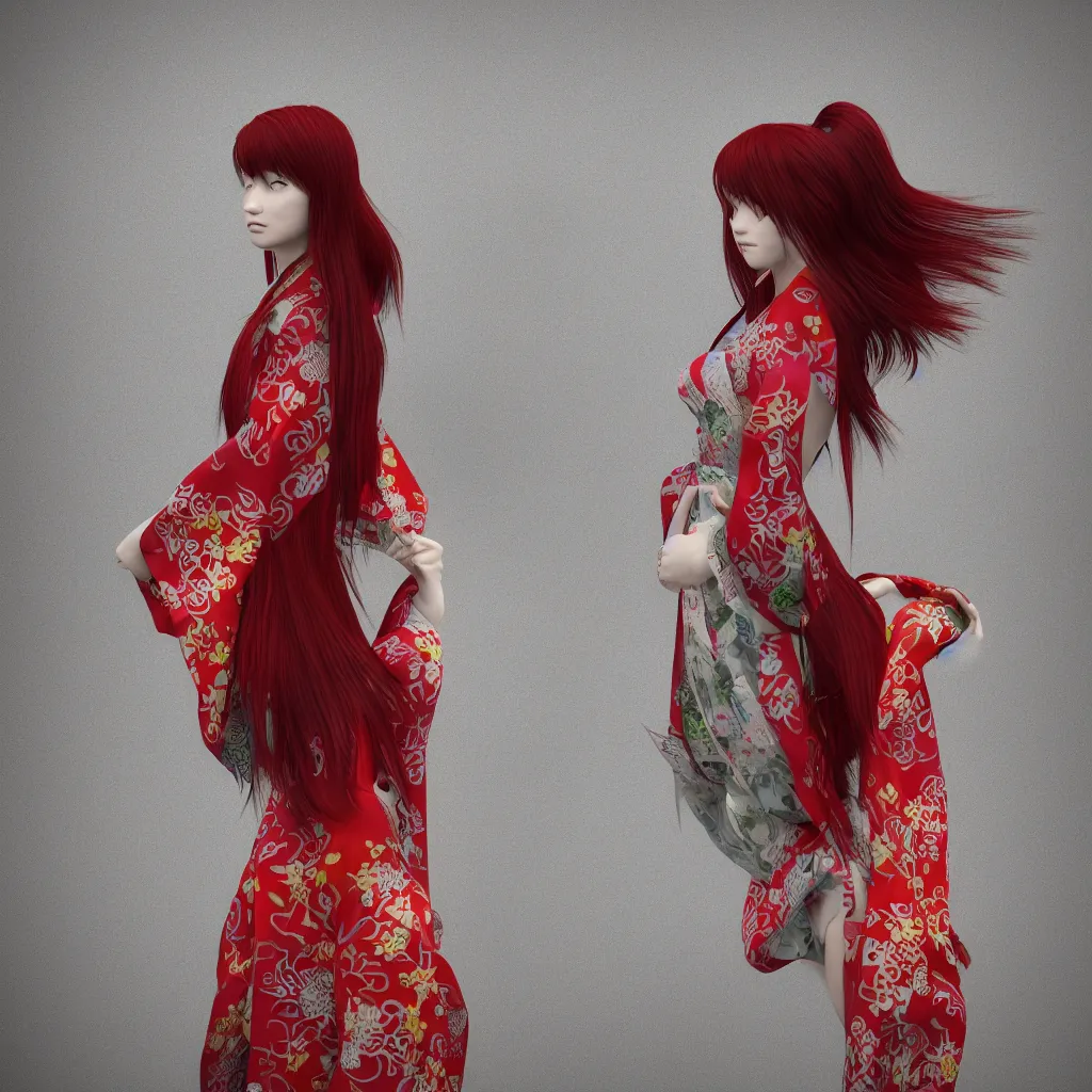 Prompt: a girl with long red hair in a kimono, rain, ultra detailed, 8 k, ctane 3 d rendered.