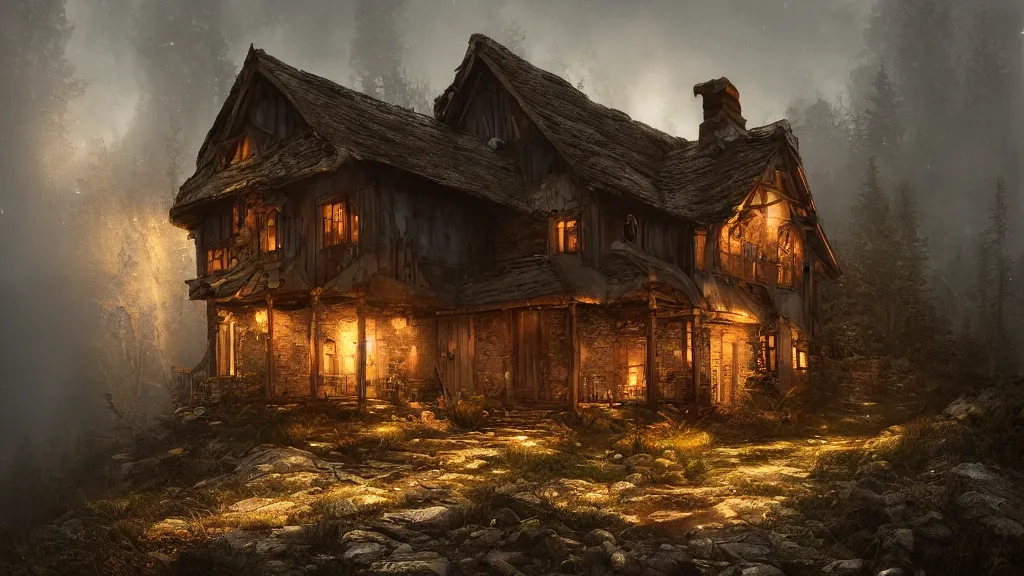 A dark decrepit cottage on a mountaintop at night, lit | Stable ...