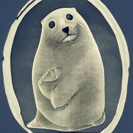 Prompt: an elvin stone engraving of a baby harp seal demigod, museum photo