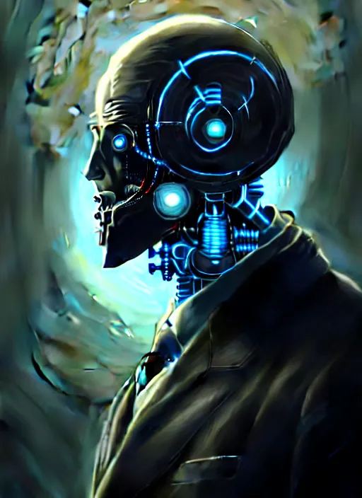 Prompt: man with cybernetic enhancements, wearing a suit! detailed face with mask, scifi character portrait by greg rutkowski, esuthio, craig mullins, 1 / 4 headshot, cinematic lighting, dystopian scifi gear, gloomy, profile picture, mechanical, half robot, implants, steampunk