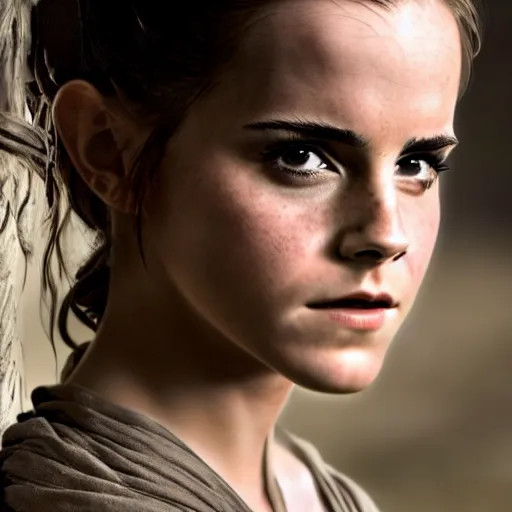 Image similar to Emma Watson modeling as Rey in Star Wars, (EOS 5DS R, ISO100, f/8, 1/125, 84mm, postprocessed, crisp face, photoshopped, facial features)