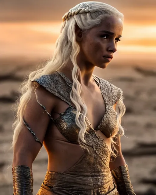 Image similar to shantel vansanten as daenerys targaryen, golden hour, cinematic