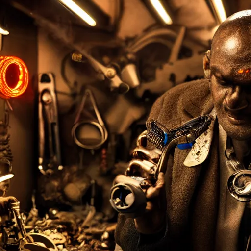 Prompt: balding older cyborg using jeweller's loupe with orange led light, inspecting complex gun made from rusted metal kitchen utensils, smoking soldering iron, dark messy cluttered workshop, highly detailed, sci - fi, futuristic, movie still from blade runner