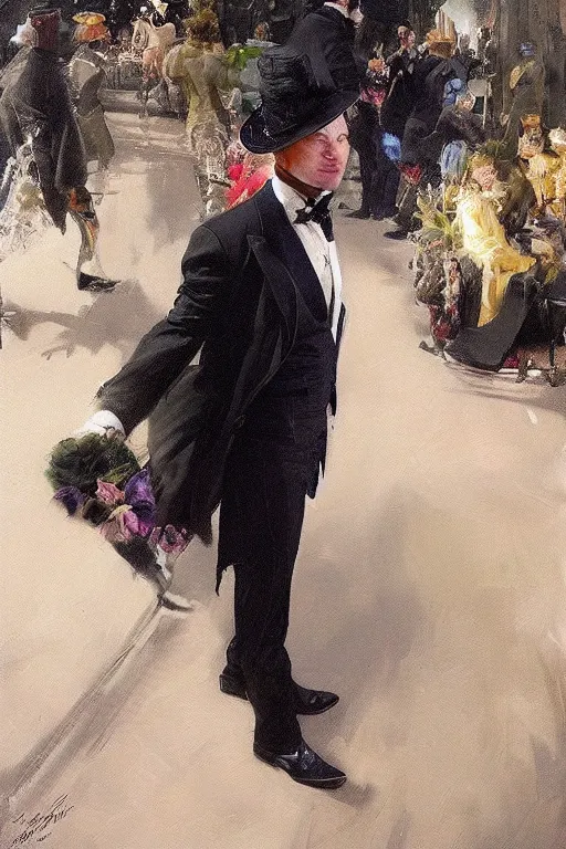 Image similar to portrait of a respectable dignified royal business elite politician wearing a lisa frank top hat and tuxedo, art by anders zorn, wonderful masterpiece by greg rutkowski, beautiful cinematic light, american romanticism by greg manchess, jessica rossier