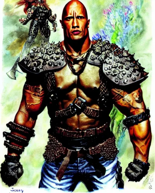 Image similar to portrait of a skinny punk dwayne johnson wearing armor by simon bisley, john blance, frank frazetta, fantasy, thief warrior, floral flowers colorful