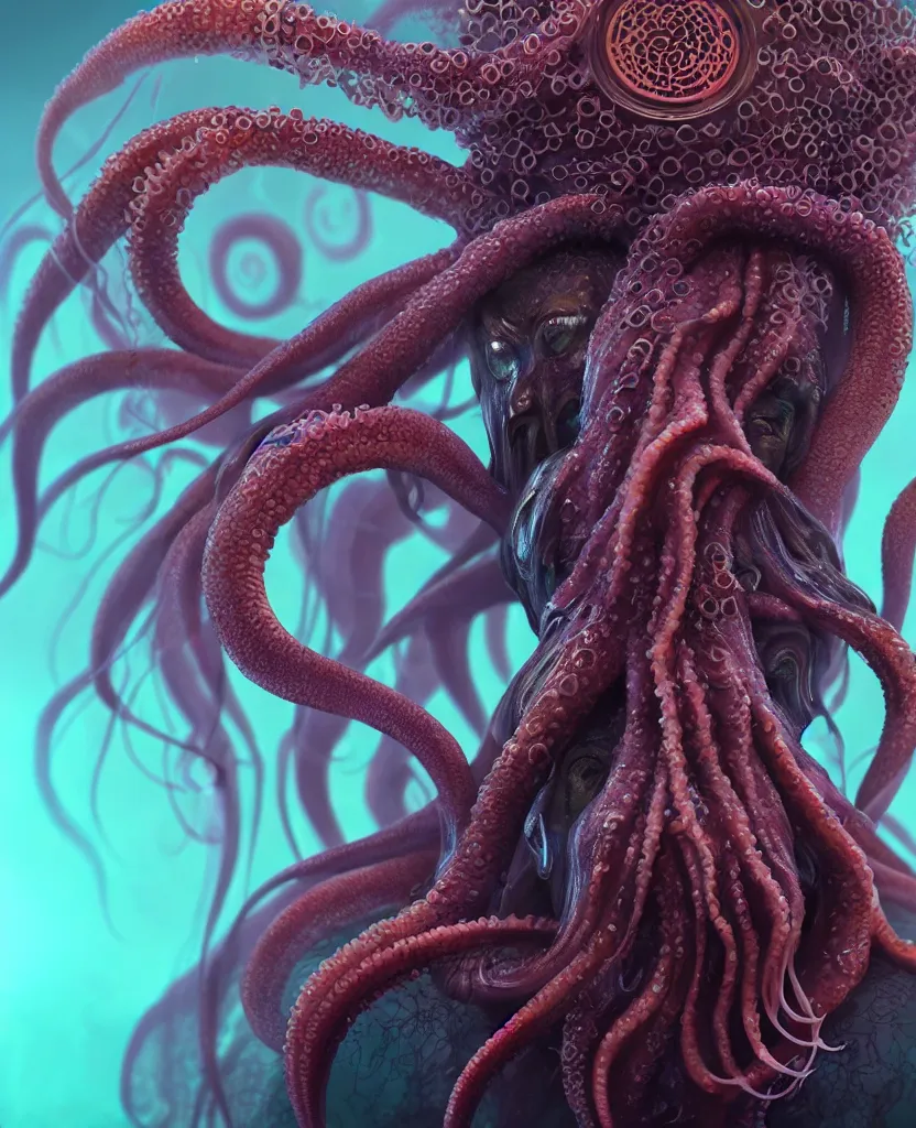 Image similar to cthulhu goddess close - up portrait, squid coming from woman eyes, phoenix jellyfish, orchid, betta fish, bioluminiscent, intricate artwork by tooth wu and wlop and beeple. octane render, trending on artstation, greg rutkowski very coherent symmetrical artwork. cinematic, hyper realism, high detail, octane render, 8 k