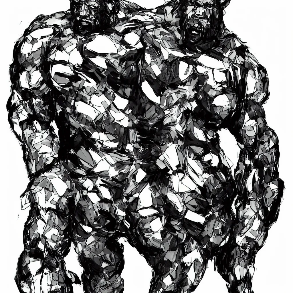 Image similar to large half bear half african man, in the style of yoji shinkawa