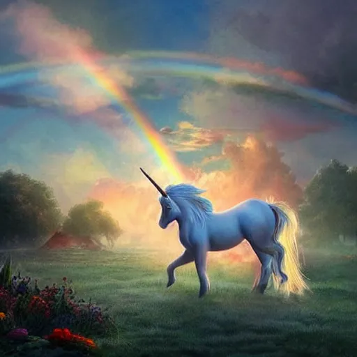 Prompt: a unicorn with a baby unicorn in a beautiful garden with billowing clouds and sunset, with a rainbow in the distance, trending on artstation, dynamic composition, style of Artgerm and Jaime Jones, high detail