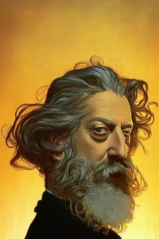 Image similar to a close-up portrait of Alan Moore, dramatic backlighting, golden hour, autochrome, high contrast, highly detailed, sharp focus, digital painting, concept art, illustration, rock, comicpunk, trending on artstation, art by greg rutkowski and Shepard Fairey, composition by alphonse mucha