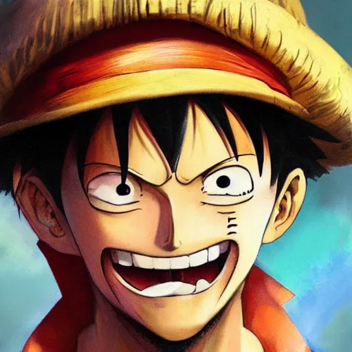 Prompt: Very detailed Luffy From one piece looking to camera smiling , artwork portrait by Sergey Kolesov, arstation,