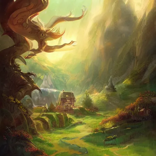 Prompt: fantasy book cover painting, a lively landscape in the country by Ross Tran