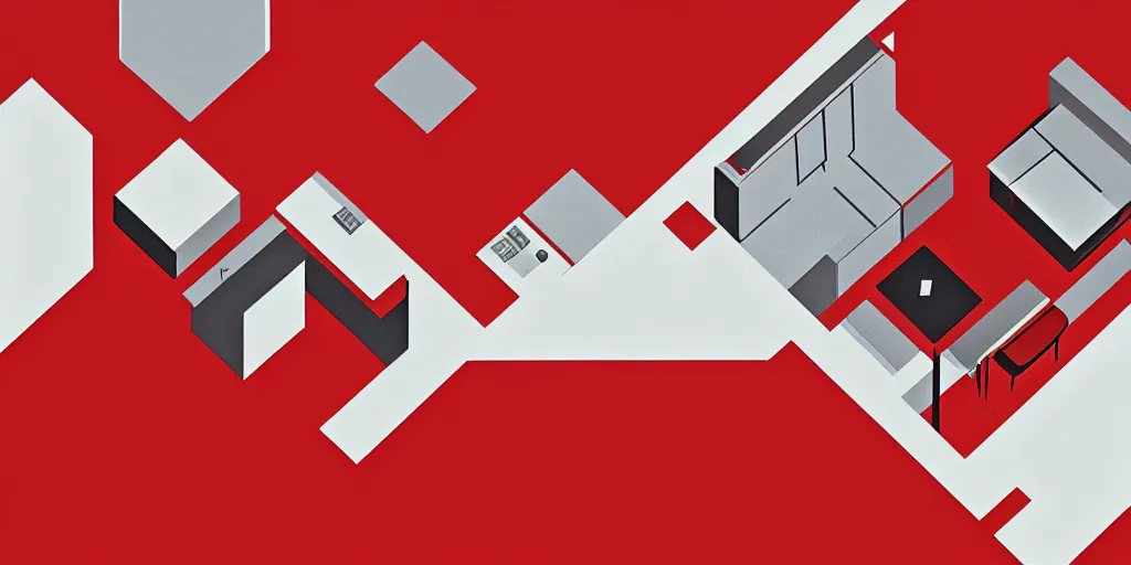 Prompt: modernist interior, seen from above, by René Laloux, line brush, minimal, 4k, red, plain background