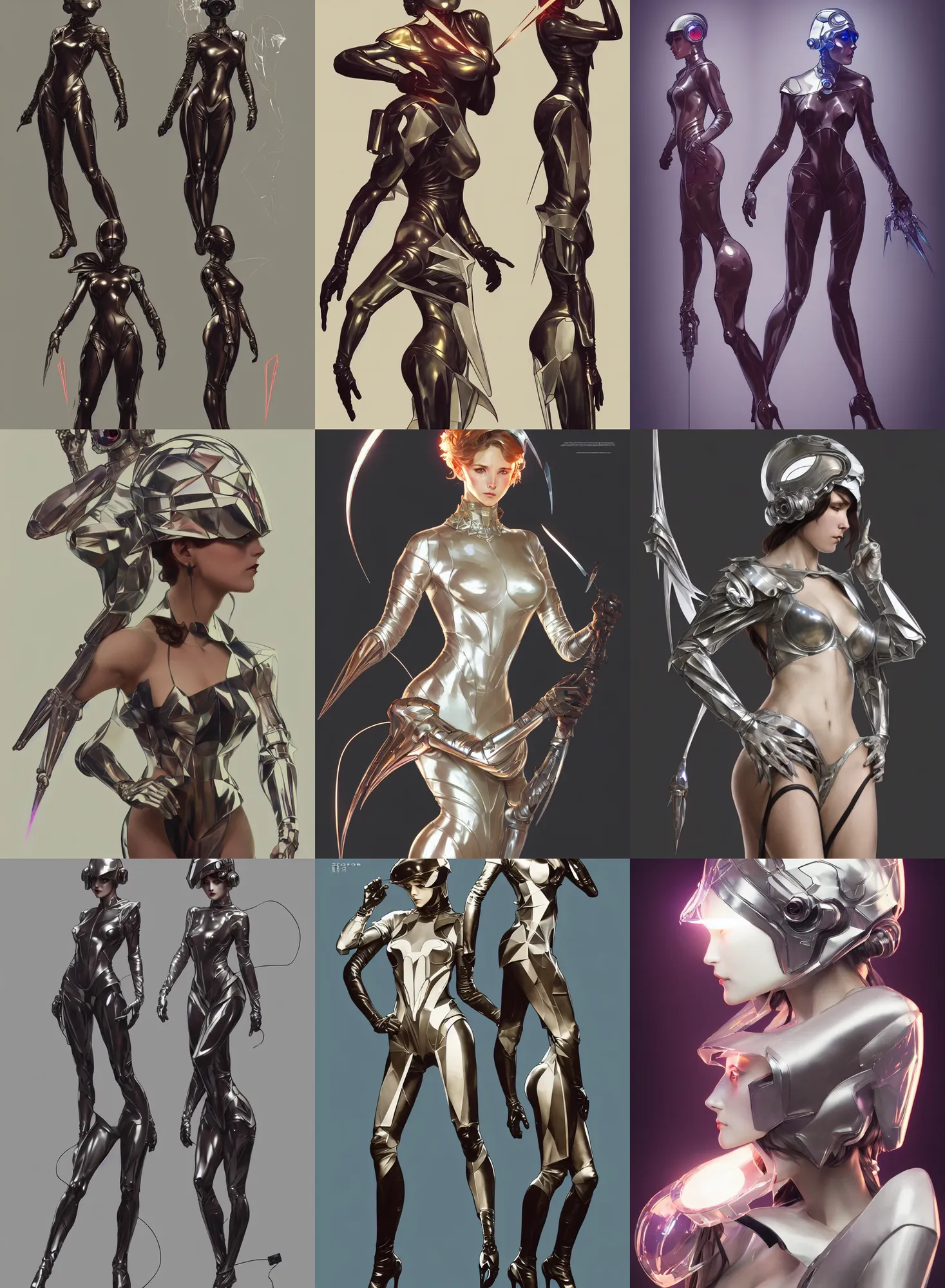 Image similar to a full body character design by artgerm, cushart krenz, greg rutkowski and alphonse mucha. sci - fi dagger. laser and translucent plastic tape project show attctive showgirl!! sci - fi helmet!! sharp edges. ultra clear detailed. contour light effect!! 8 k. ultra detailed, elegant, intricate, octane render.