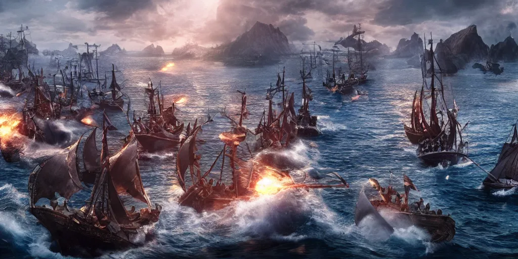 Image similar to An Epic viking sea battle, realistic 4k octane beautifully detailed render, 4k post-processing, highly detailed, intricate complexity, epic composition, magical atmosphere, cinematic lighting, masterpiece, ultra hd