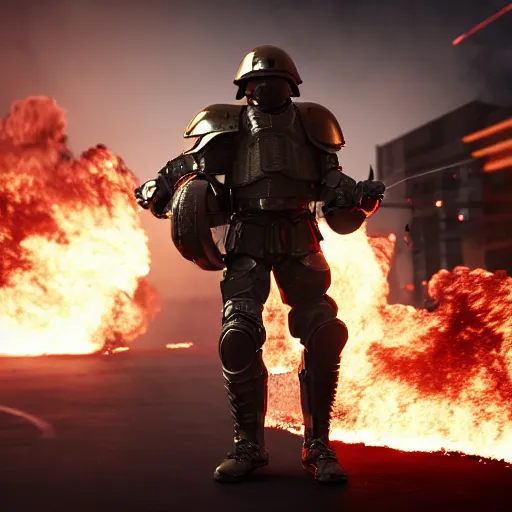 Image similar to Heavily armored soldier with a shield riding a hoverboard with several buildings on fire behind him, cinematic lighting, highly detailed, 8k octane render