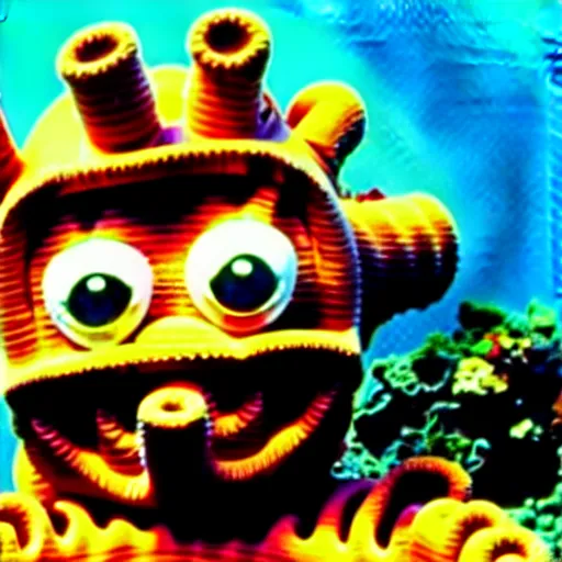 Image similar to rusted barnacle covered teletubby at the bottom of the ocean