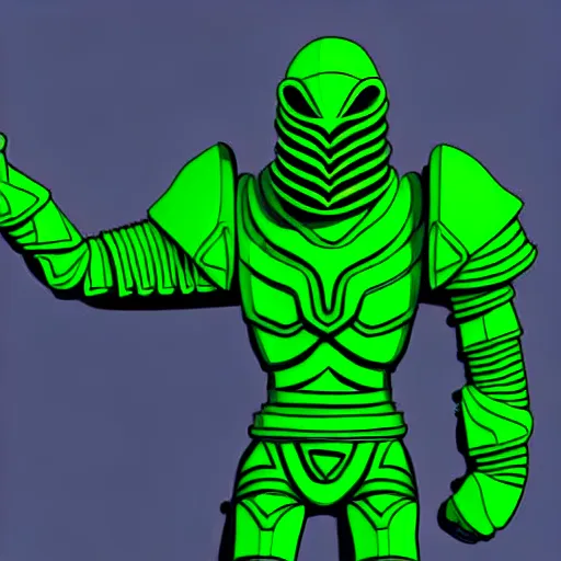 Prompt: a picture of a giant armour green man with his fist up in the alien land, vector art by mor than, low angle, trending on deviantart, mingei, flat shading, prerendered graphics, marvel comics, unreal engine 5