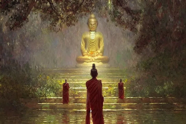 Image similar to temple. buddhism, impressionnisme, painting by greg rutkowski, artgerm, claude monet