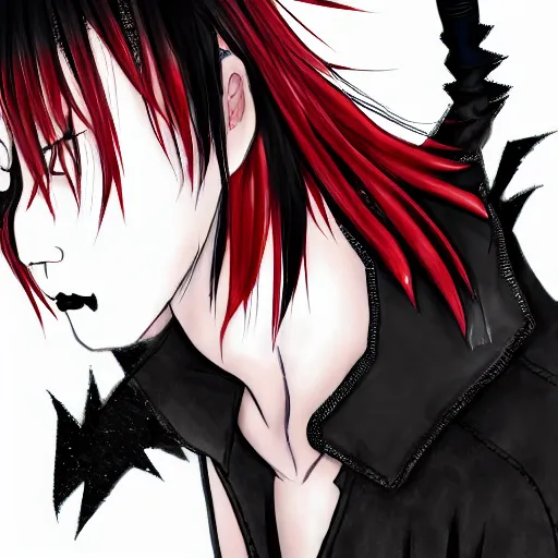 Image similar to Asian goth, male, black lipstick, pale skin, detailed spiky red hair, detailed, wearing bloody bandages, leather clothing, 4K, drawn by Ai Yazawa