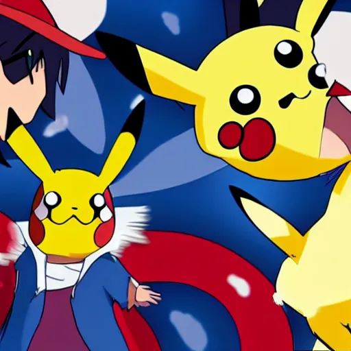 Image similar to pikachu and ash ketchum having a pillow fight, anime