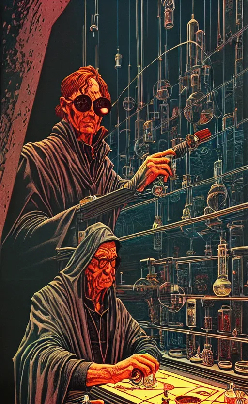 Image similar to ancient cloaked wizards mixing potions in his laboratory, high details, intricately detailed, by vincent di fate, inking, 3 color screen print, masterpiece, trending on artstation,, sharp, details, hyper - detailed, hd, 4 k, 8 k