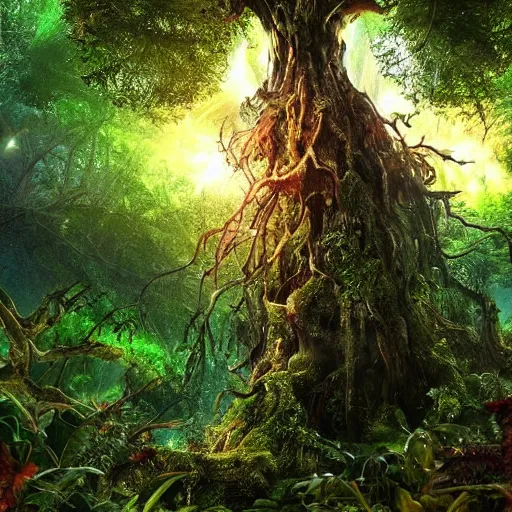 Prompt: horrific, spectacular tree in a densely overgrown jungle, fantasy, dreamlike sunraise, ultra realistic, atmospheric, stopped in time, epic