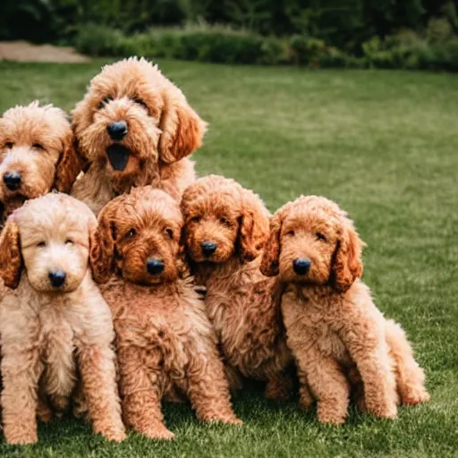 Image similar to a huge pile of golden doodle dogs, photography