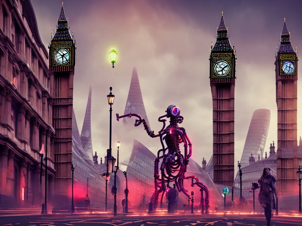 Prompt: a giant ancient beautiful cyborg of the elder gods with pipes and tubes in the city of London, an image of a beautiful cyborg, a beautiful cyborg, a cyborg, London streets with one bigben in the background, colourful, dramatic lighting, spring time, very detailed octane render very realistic beautiful