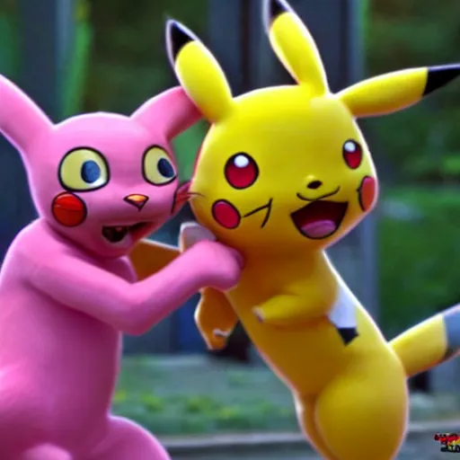 Image similar to Pink panther in a fight with pikachu