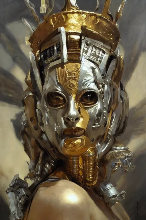 Image similar to beautiful expressive oil painting portrait of ancient god queen, silver exoskeleton, with a gold skull mask, cyberpunk, alien semiotic symbols, art by anders zorn, wonderful masterpiece by greg rutkowski, beautiful cinematic light, american romanticism by greg manchess, jessica rossier