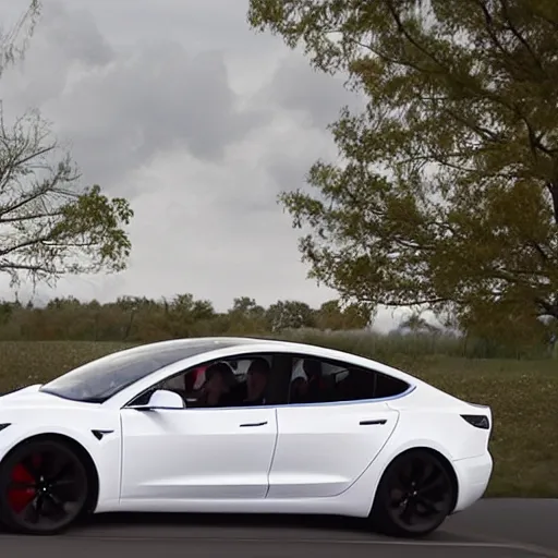 Image similar to Steam engined Tesla Model 3 on a rural highway