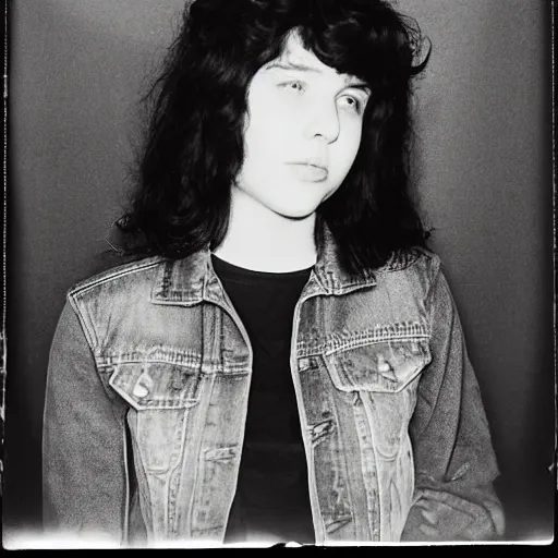 Image similar to 19-year-old girl, thick black shaggy hair, wearing leather jacket and denim jeans, holding electric guitar, stoner rock, super 8mm, 1973