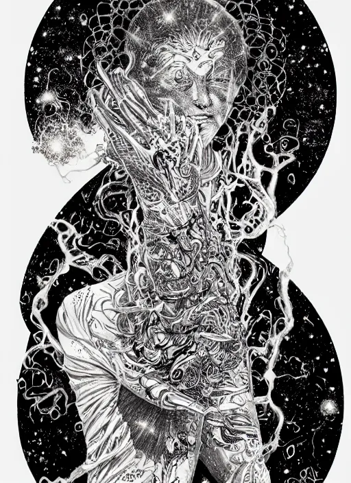 Prompt: high intricate ink drawing of the sandman holding a glimmering galaxy, full shot, neil gaiman, maria panfilova, andrea savchenko, mike kime, ludovic plouffe, qi sheng luo, oliver cook, julian calle, eddie mendoza, trending on artstation
