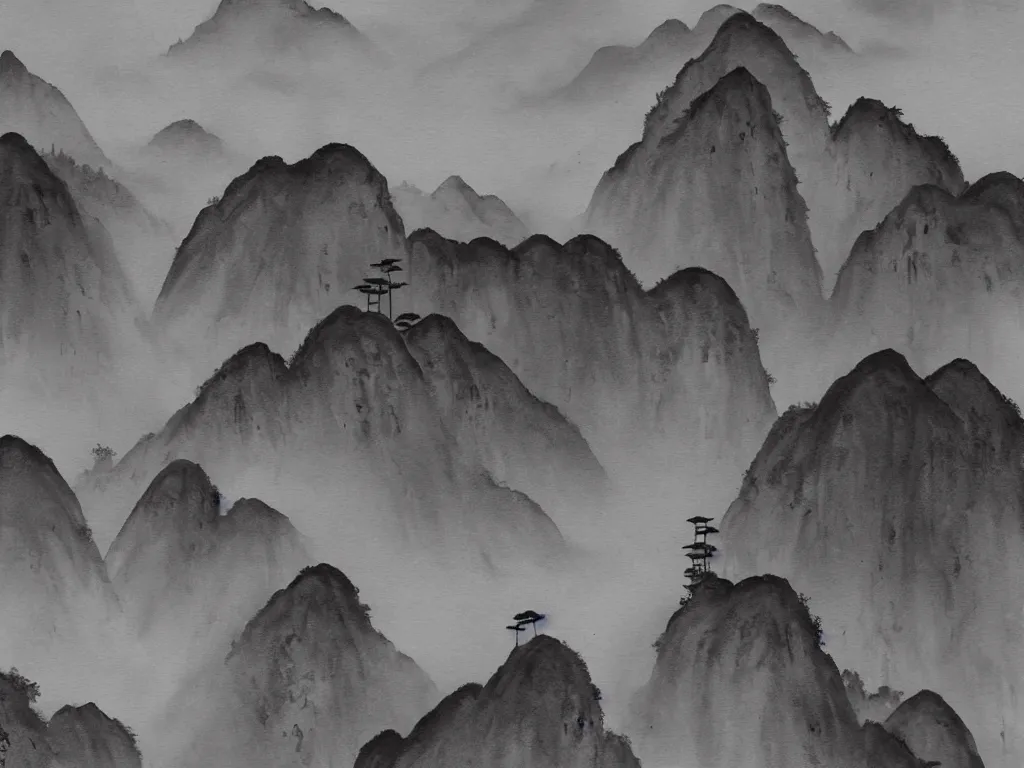 Image similar to a beautiful black watercolor painting of the mountainous landscape of huangshan with buddisht and taoist temples on hilltops on a rainy day