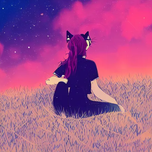 Prompt: Girl with cat ears sitting on a hill, night sky, digital art, anime style, by Conrad Roset, trending on artstation, 4k