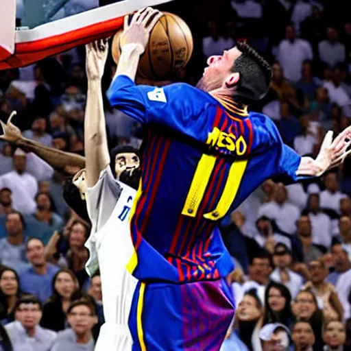 Image similar to Messi dunking on Ronaldo in the NBA