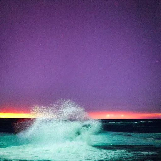Prompt: wild flashing neon lights in the sky above the last man standing hip deep in wild ocean waves