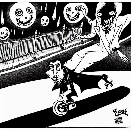 Image similar to black and white trippy comic art depiction of dracula the vampire wearing a suit and roller skating on prominently featured roller skates, zooming down the street with action lines flying past him, drawn by martin rowson, tim burton, alex pardee, nekro petros afshar, cgsociety, awesome, cool, detailed, 4 k