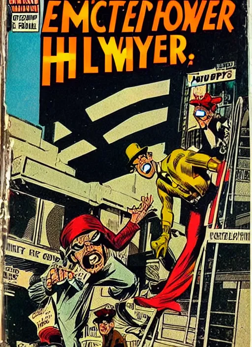 Image similar to an old fashioned vintage hwh comic book cover, will eisner, joe kubert, 1 9 6 8, dramatic, noir, creepy, surreal, weird, incredible, photo real