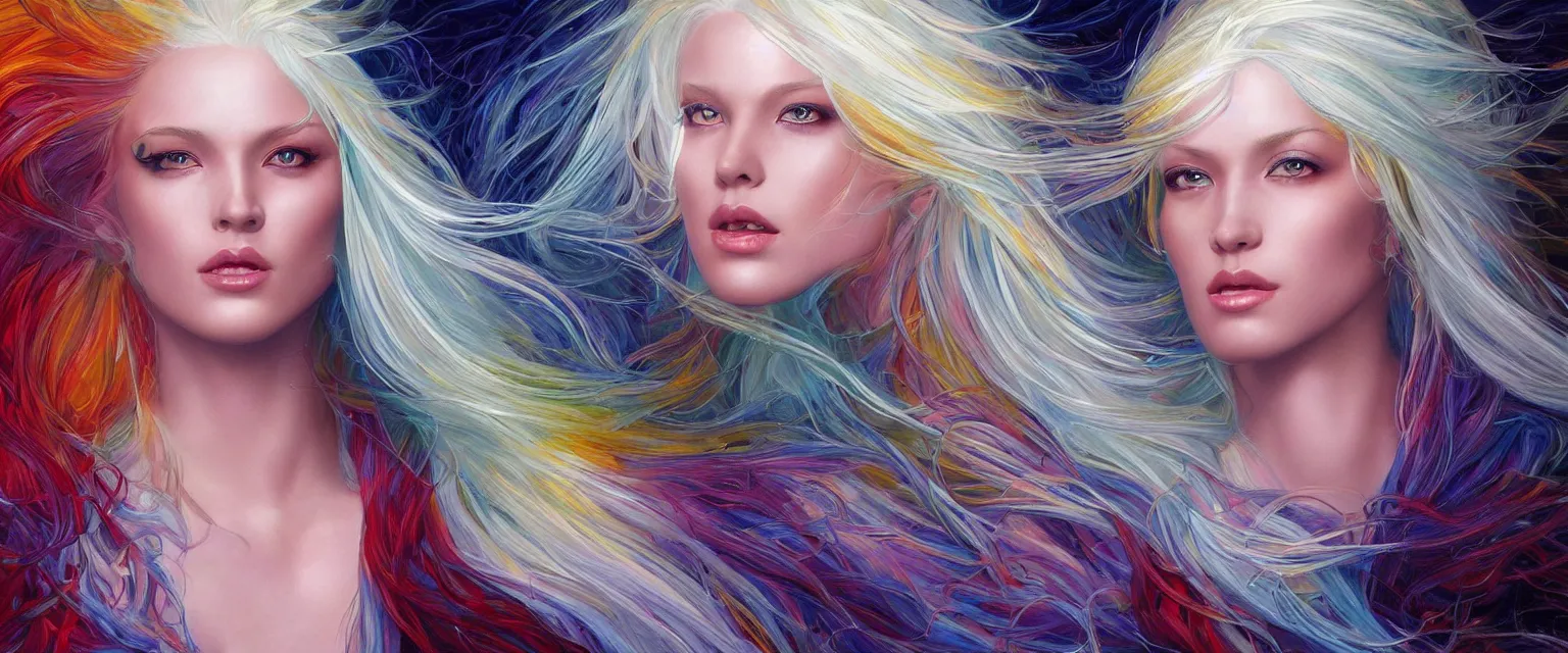 Prompt: a highly detailed symmetrical full body painting of a rainbow colored skinned beautiful woman with pure white hair flowing in dynamic lighting, ambient lighting, deviantart, art by artgerm and karol bak and mark brooks h