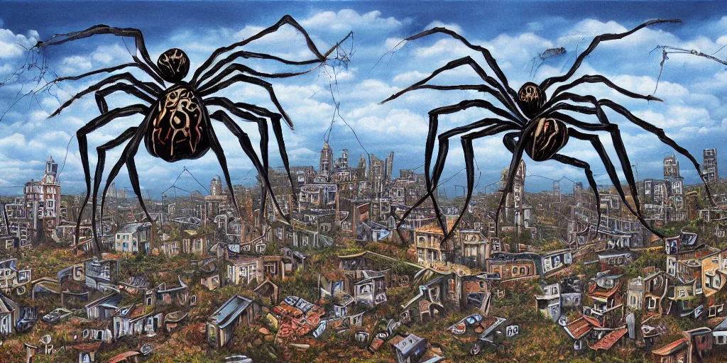 Image similar to surreal painting of giant spider walking through an abandoned town