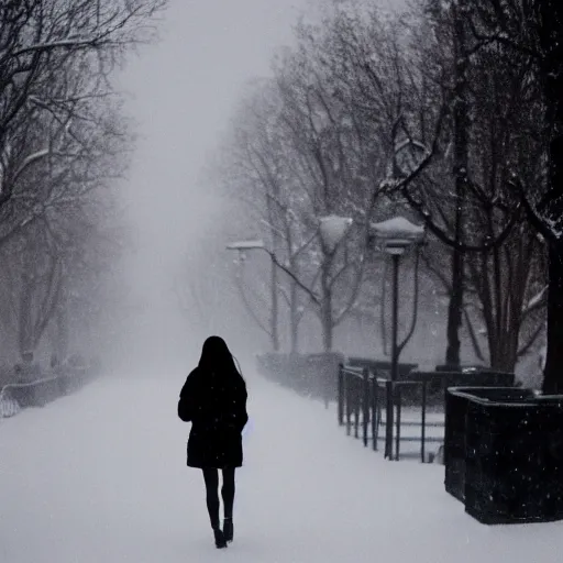 Image similar to girl walking through a blizzard, 8 0 mm film